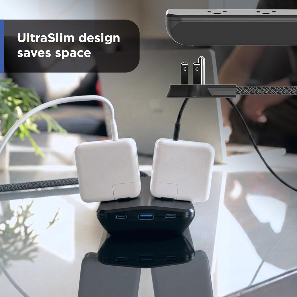 GE-branded 10OL Surge Protector, 1 USB-A, 2 USB-C, 20W Power Delivery Shared, 1000J, 4ft. Braided Cord, Black