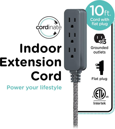 Cordinate 10ft. 3-Outlet Indoor Extension Cord, future gray