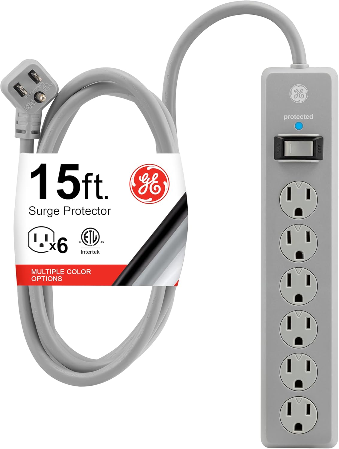 GE-branded 6-Outlet Surge Protector, Gray, 15ft. Cord
