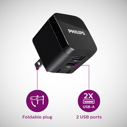 Philips Wall Charger Charging Kit, 2 Port, 2.4A, USB-A to USB-C