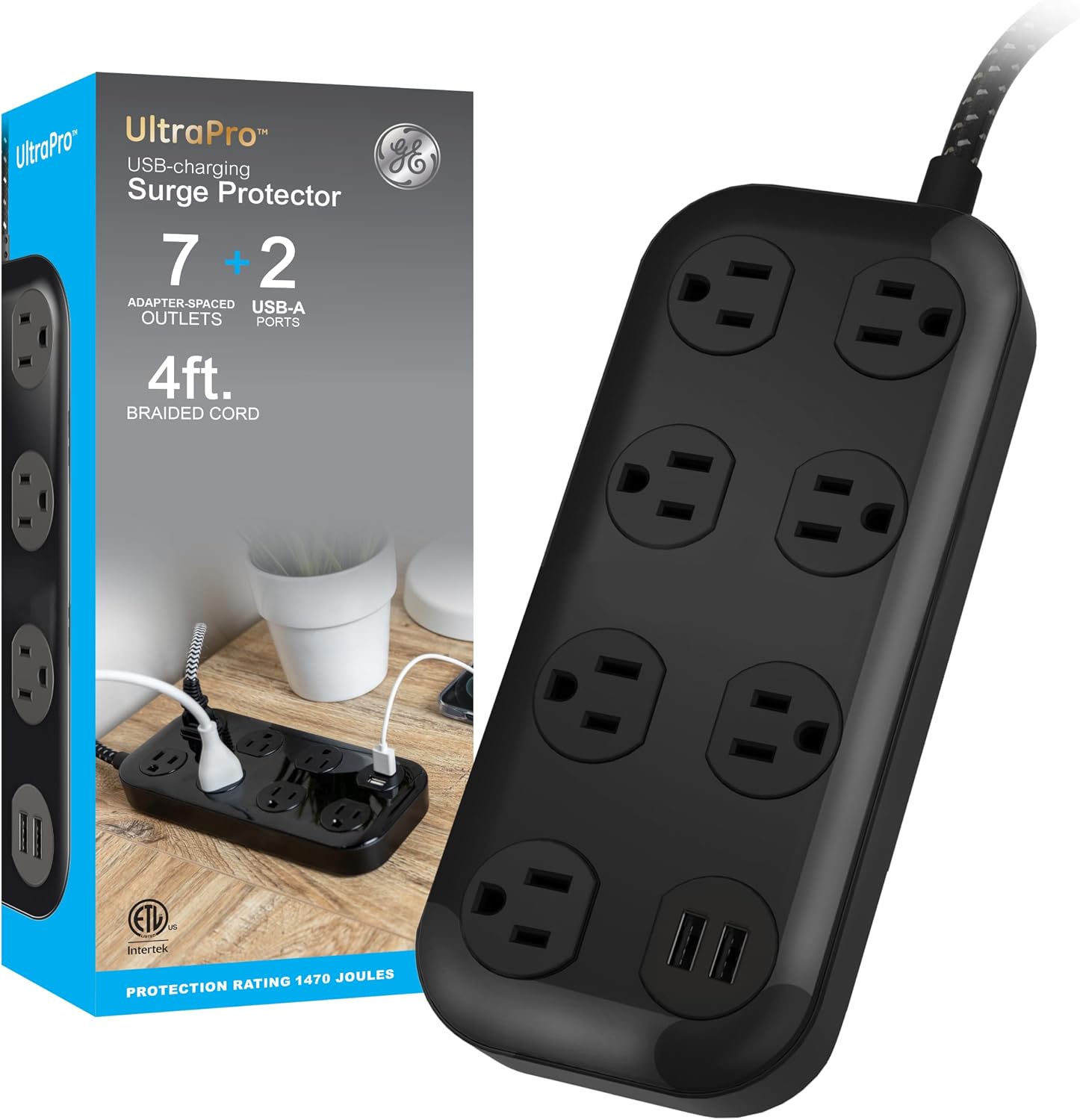 GE-branded UltraPro 7-Outlet Surge Protector, 2 USB-A, 1470 Joules, 4ft., Black