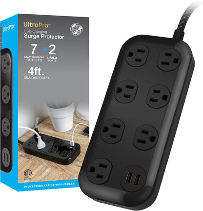 GE-branded UltraPro 7-Outlet Surge Protector, 2 USB-A, 1470 Joules, 4ft., Black