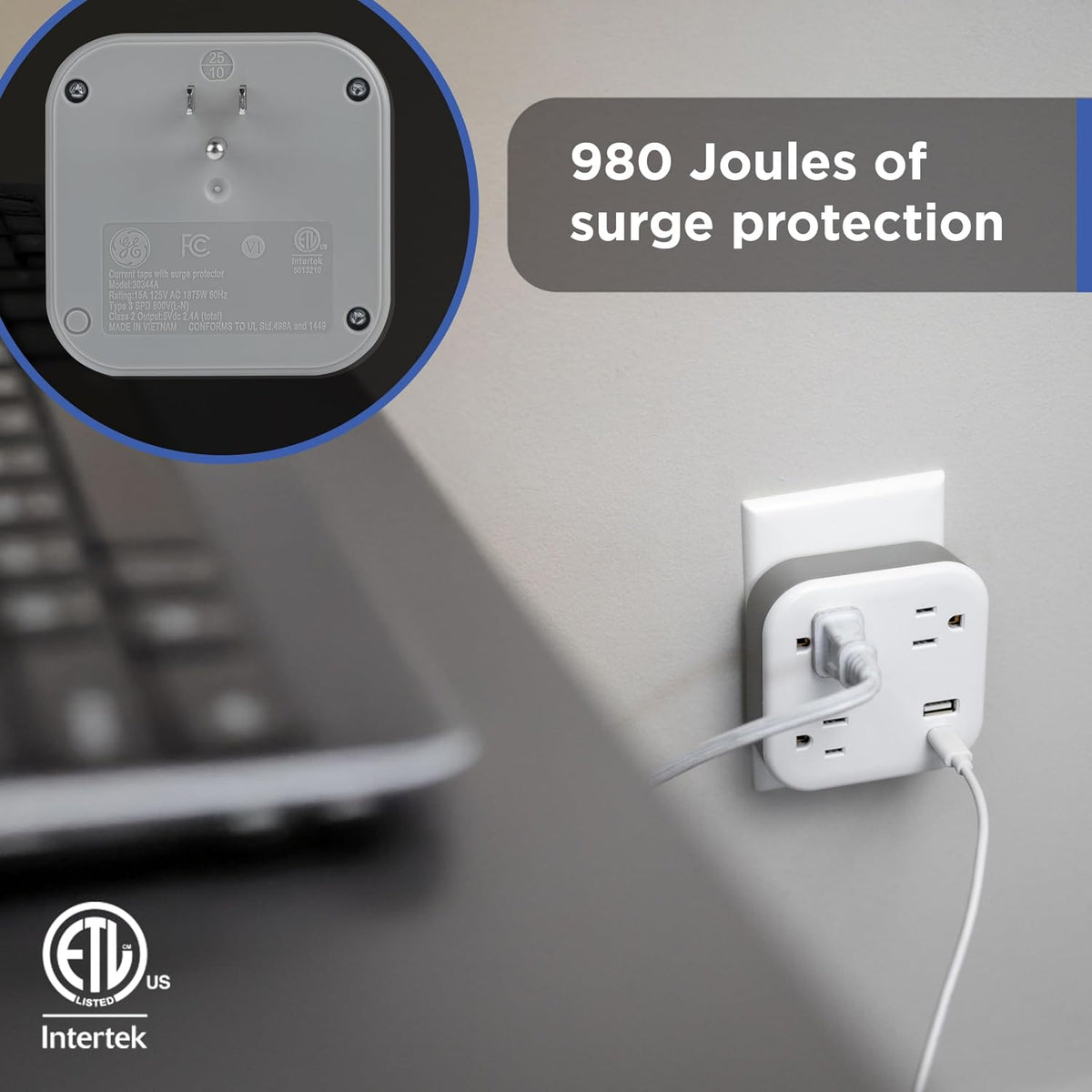GE-branded UltraPro 3-Outlet Surge Tap with USB, 980J, 1 USB-A, 1 USB-C, White