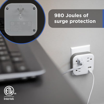 GE-branded UltraPro 3-Outlet Surge Tap with USB, 980J, 1 USB-A, 1 USB-C, White