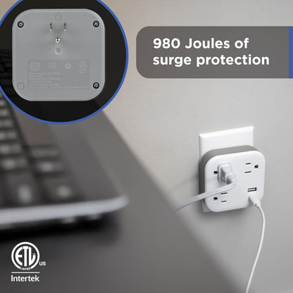 GE-branded UltraPro 3-Outlet Surge Tap with USB, 980J, 1 USB-A, 1 USB-C, White