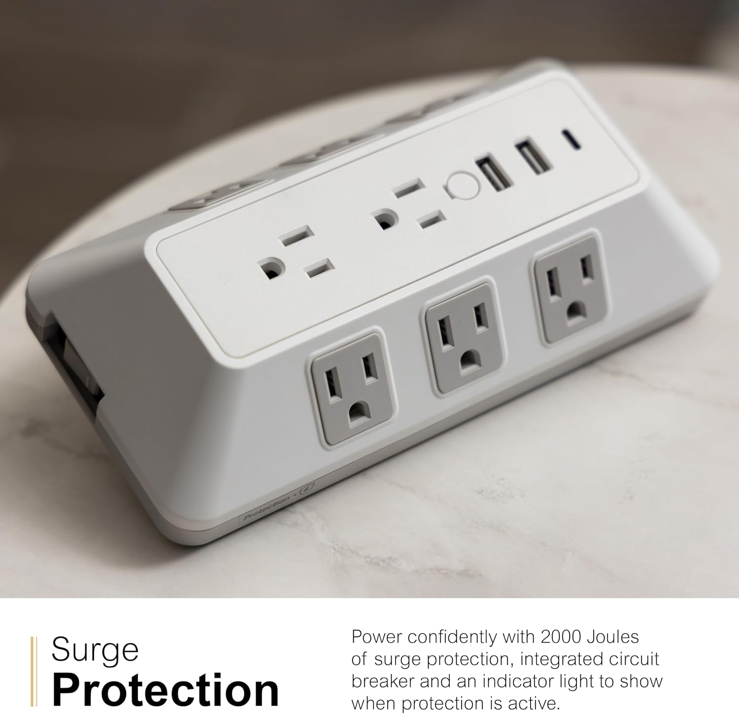 GE 8-Outlet Surge Protector with USB, Outlet Extender, 2 USB-A, 1 USB-C, White