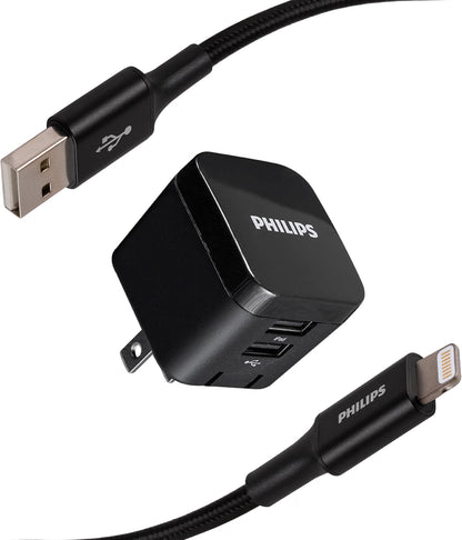 Philips Wall Charger Charging Kit, 2 Port, 2.4A, USB-A to Lightning Cable