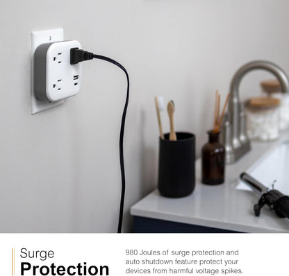 GE-branded UltraPro 3-Outlet Surge Tap with USB, 980J, 1 USB-A, 1 USB-C, White
