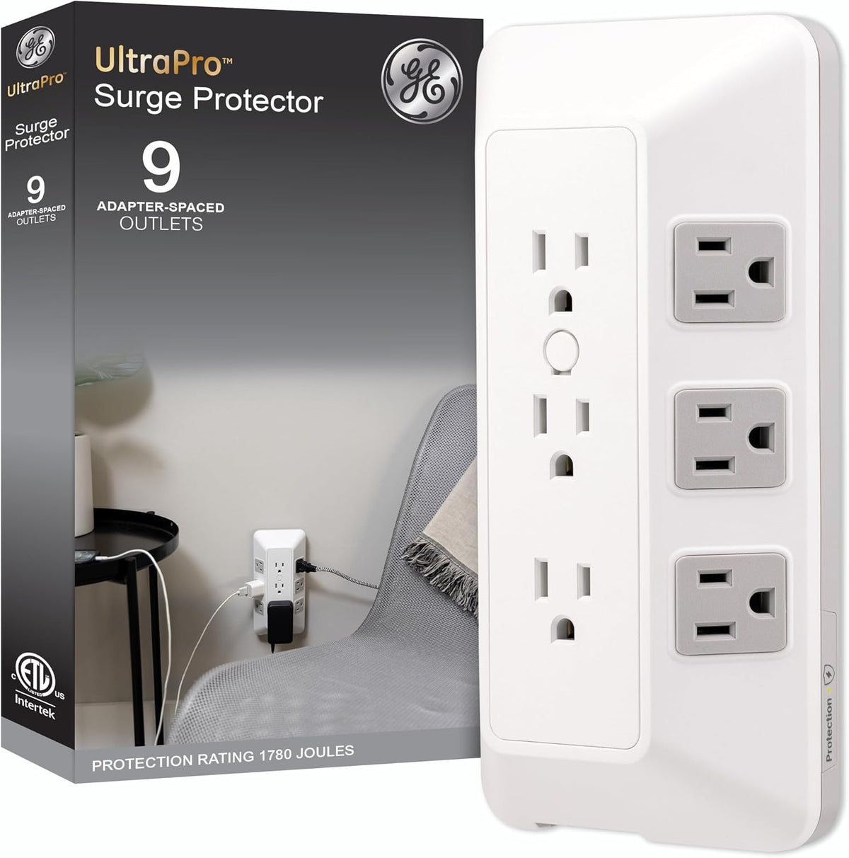GE-branded 9-Outlet Surge Tap, 1780J, White/Gray