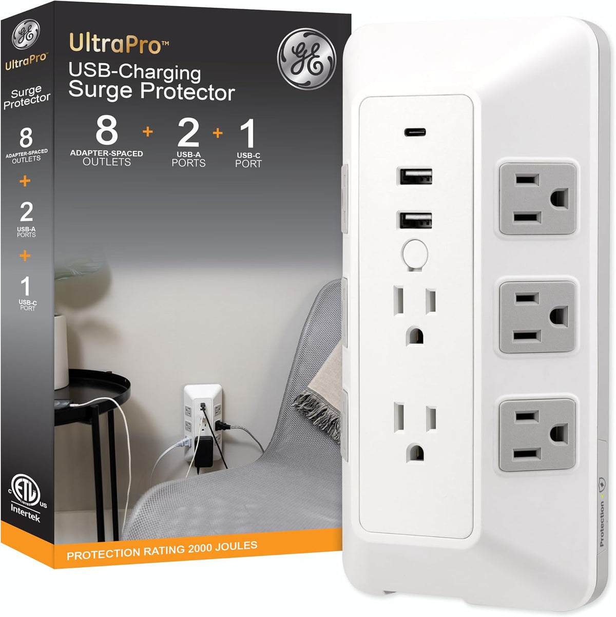 GE 8-Outlet Surge Protector with USB, Outlet Extender, 2 USB-A, 1 USB-C, White