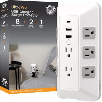 GE 8-Outlet Surge Protector with USB, Outlet Extender, 2 USB-A, 1 USB-C, White