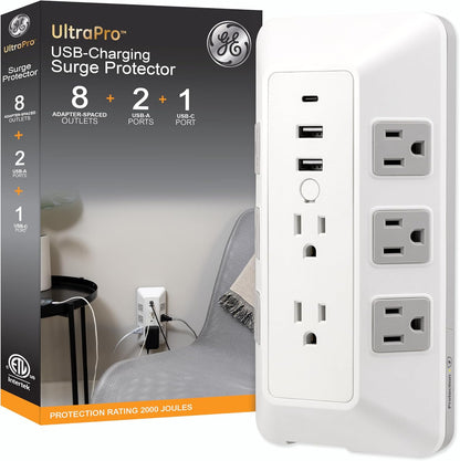 GE 8-Outlet Surge Protector with USB, Outlet Extender, 2 USB-A, 1 USB-C, White