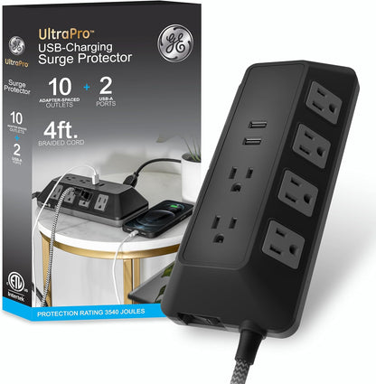 GE UltraPro 10-Outlet Surge Protector with USB, 3540J, 2 USB-A Ports, 2.4A, 12W, 4ft. Braided Cord, Black