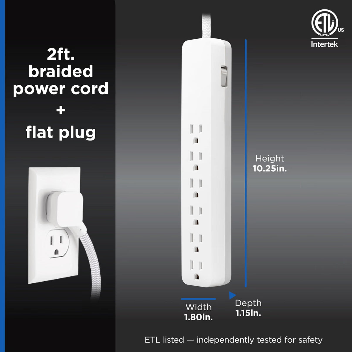 GE Pro 6-Outlet Surge Protector Extension Cord, 2ft., 620 Joules, White