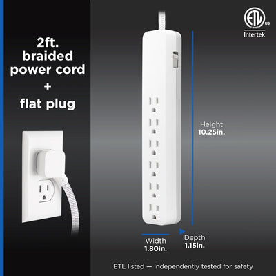 GE Pro 6-Outlet Surge Protector Extension Cord, 2ft., 620 Joules, White