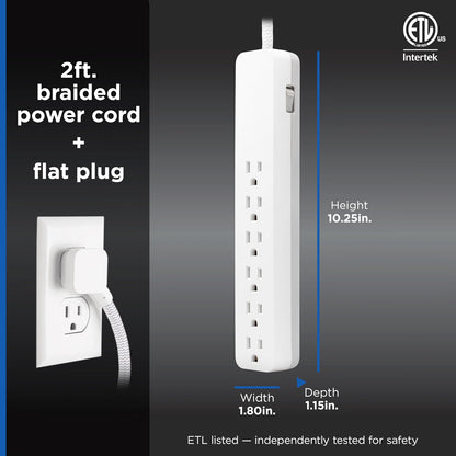 GE Pro 6-Outlet Surge Protector Extension Cord, 2ft., 620 Joules, White