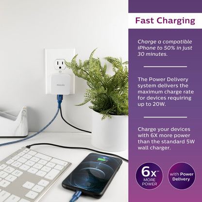 Philips 3-USB Wall Charger with 1 USB-C and 2 USB-A Ports and Power Delivery, White