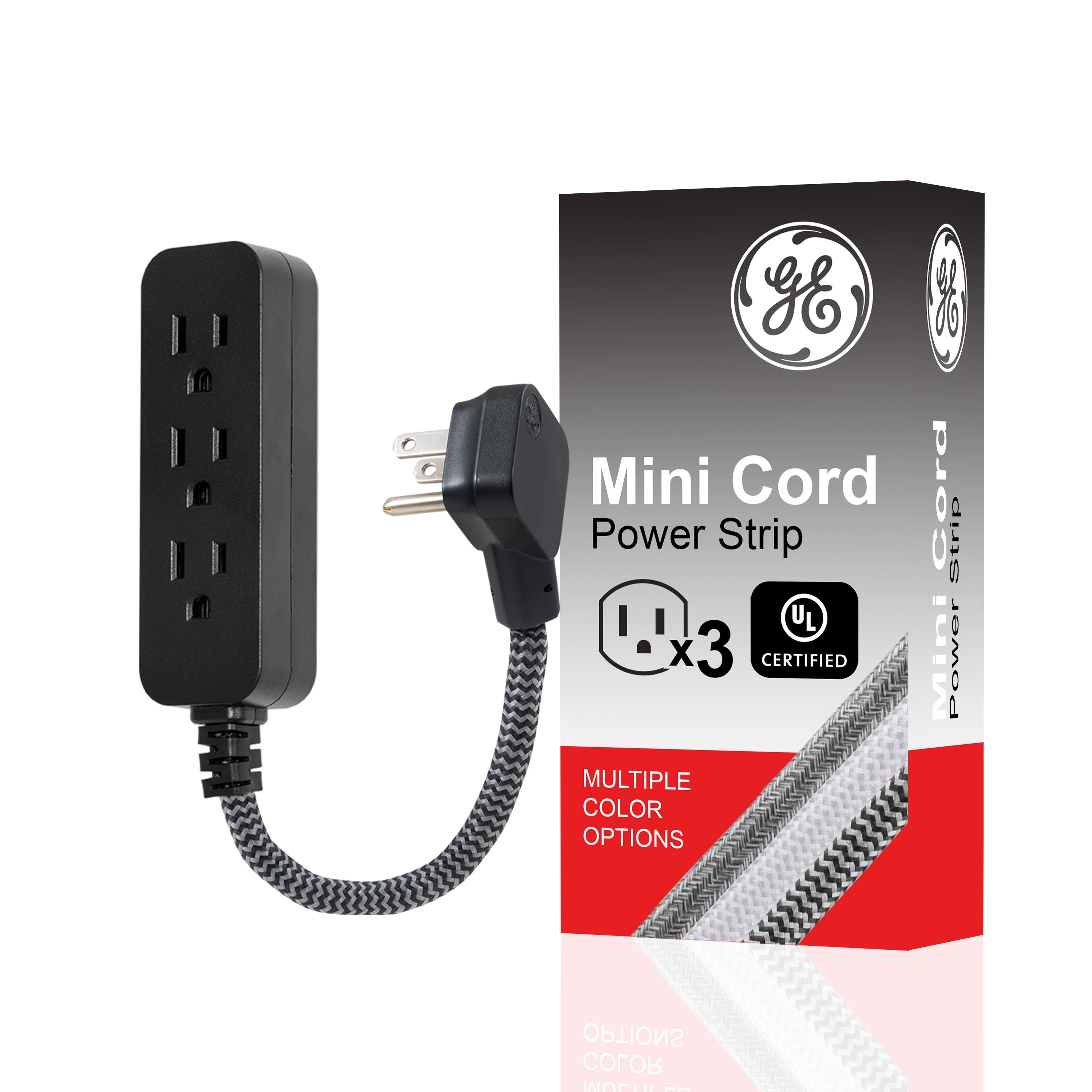 GE 3-Outlet 1ft. Mini Braided Extension Cord and Flat Plug, Black/Gray