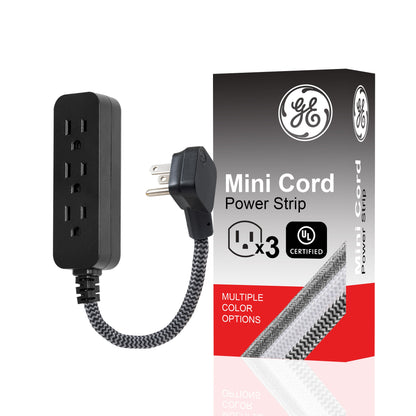 GE 3-Outlet 1ft. Mini Braided Extension Cord and Flat Plug, Black/Gray