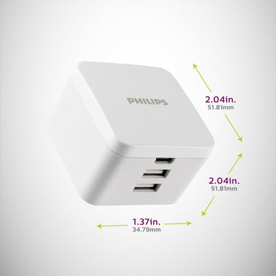 Philips 3-USB Wall Charger with 1 USB-C and 2 USB-A Ports and Power Delivery, White