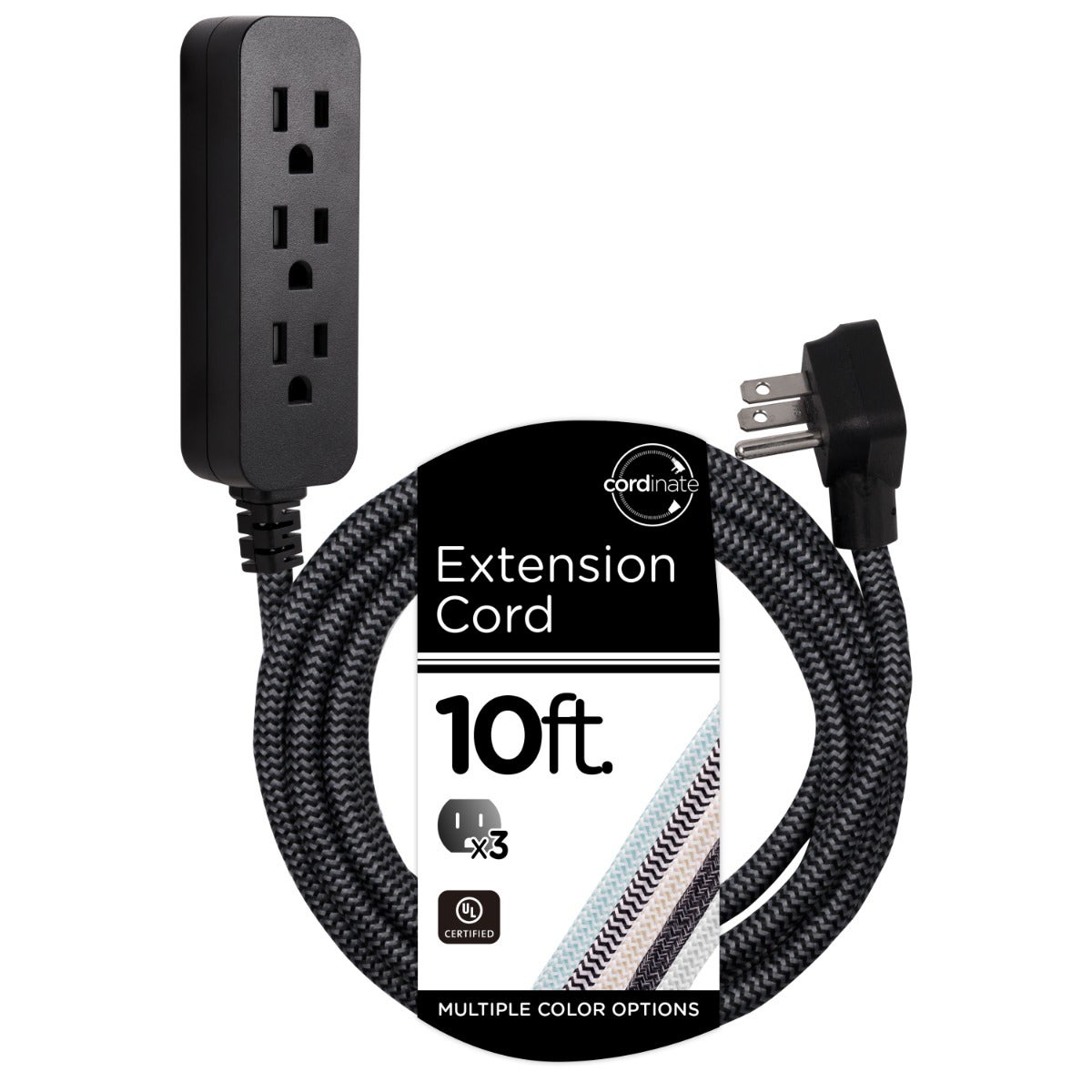 Cordinate 3-Outlet 10ft. Braided Extension Cord with Surge Protection, Black/Gray