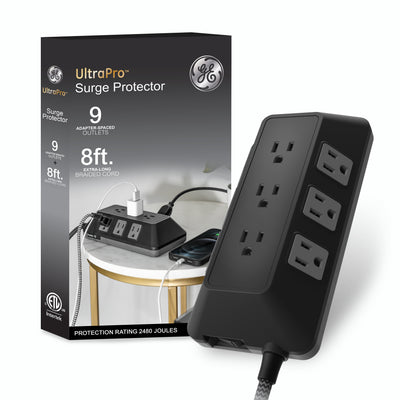 GE UltraPro ADAPT 9-Outlet Surge Protector, 2480J, 8ft. Braided Cord, Black
