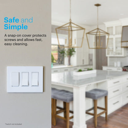 Power Gear Triple Screwless Rocker Light Switch Wall Plate, 5 Pack, White