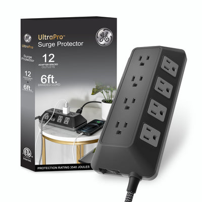 GE UltraPro ADAPT 12-Outlet Surge Protector, 3540J, 6ft. Braided Cord, Black