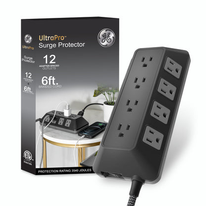 GE UltraPro ADAPT 12-Outlet Surge Protector, 3540J, 6ft. Braided Cord, Black