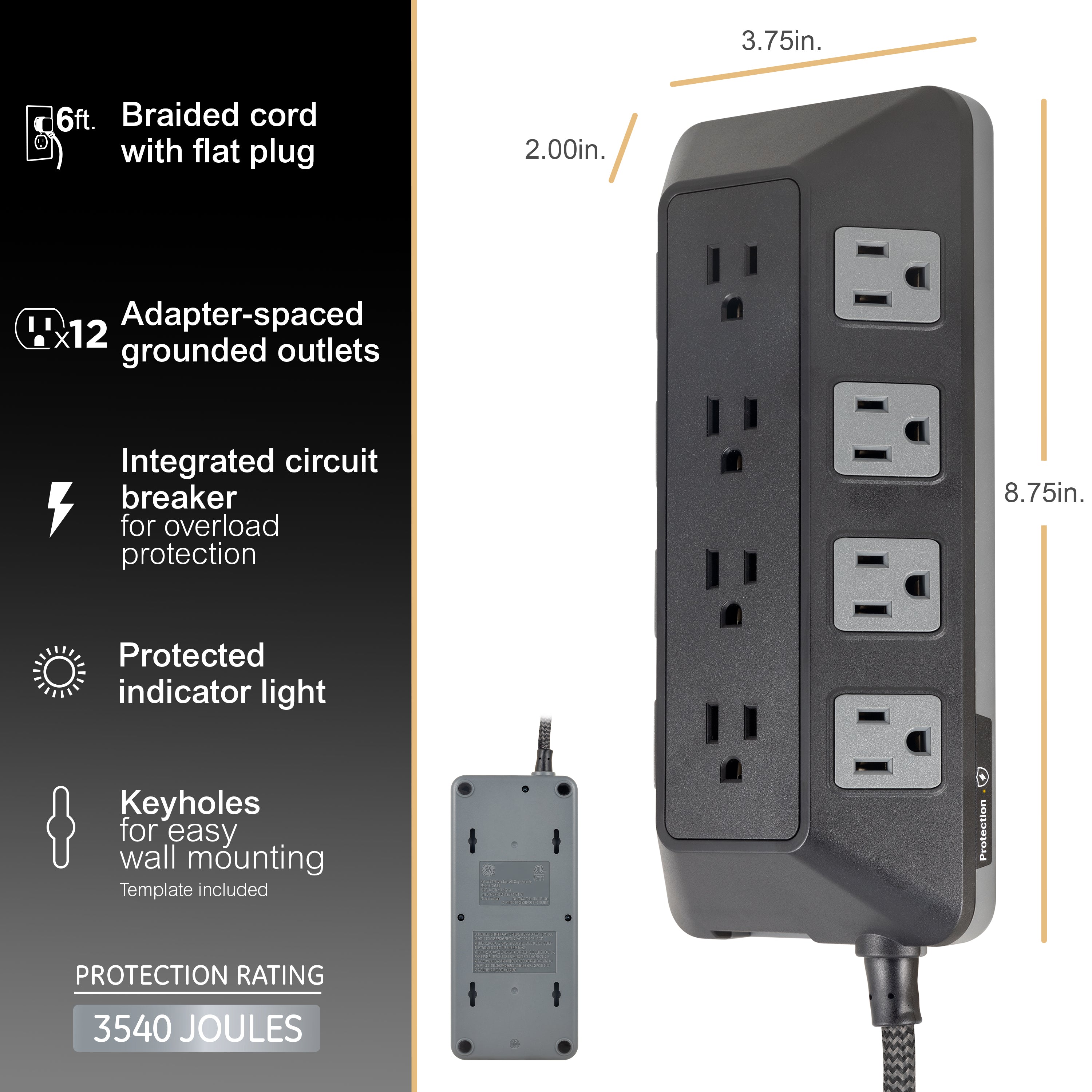 GE UltraPro ADAPT 12-Outlet Surge Protector, 3540J, 6ft. Braided Cord, Black