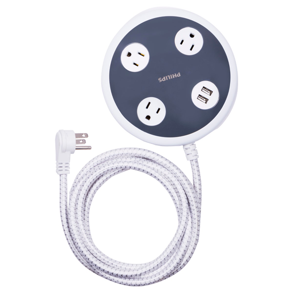 Philips Round 3-Outlet 2-USB 8ft. Braided Extension Cord with Surge Protection, White