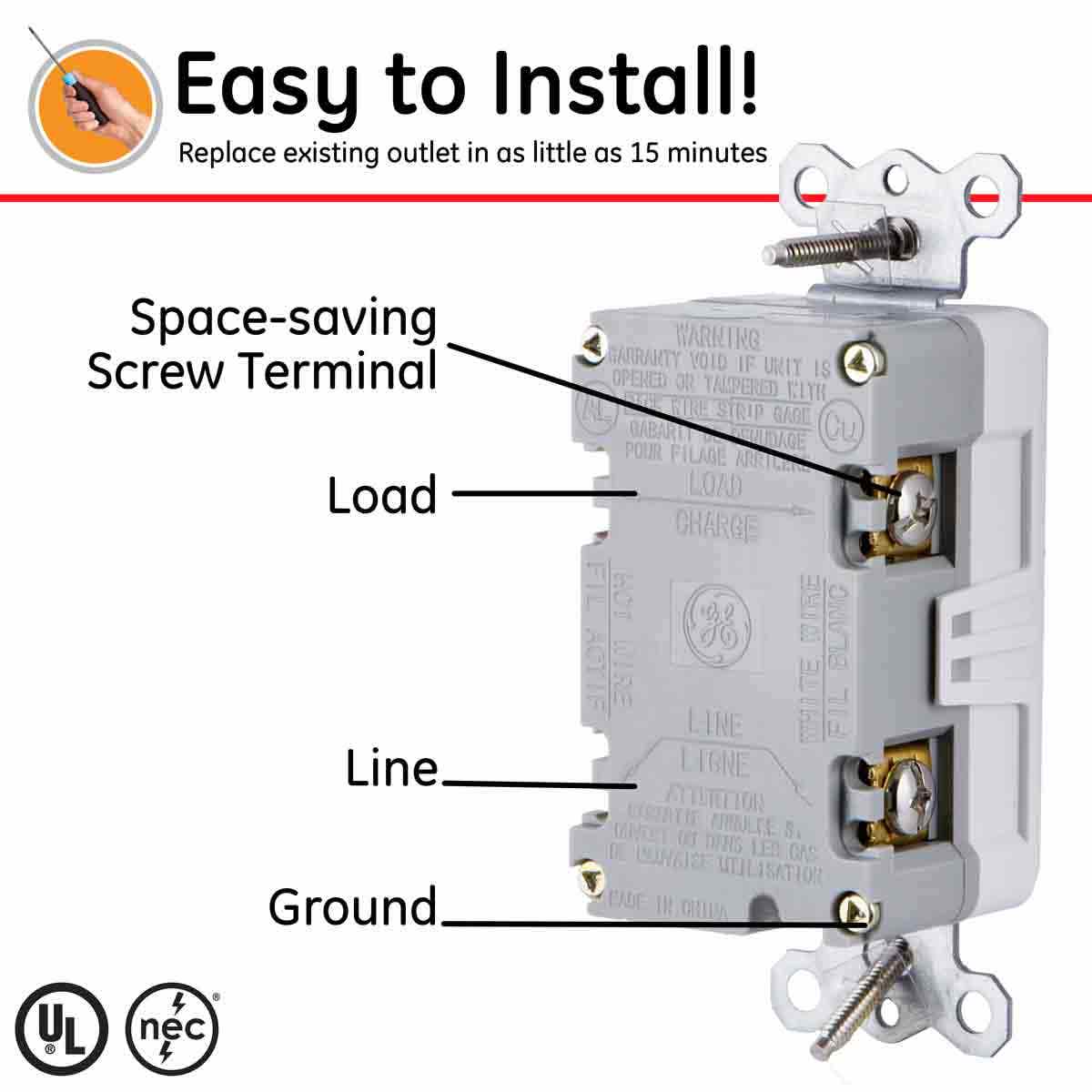 GE GFCI Receptacle with LED Indicator, White