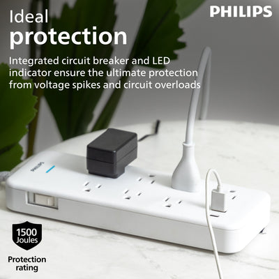 Philips 7-Outlet 6ft. 1 USB-A 1 USB-C Surge Protector With Adapter-Spaced Outlets, White