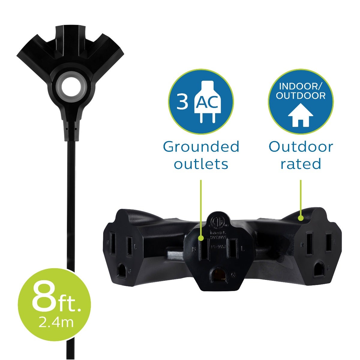 Philips EZGrip™ 3-Outlet 8ft. Indoor/Outdoor Extension Cord, Black