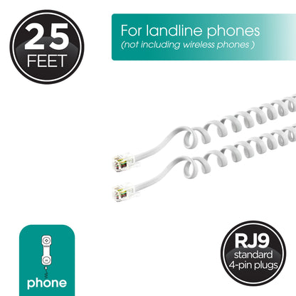 Power Gear Telephone Coiled Handset Cord, 25ft., White