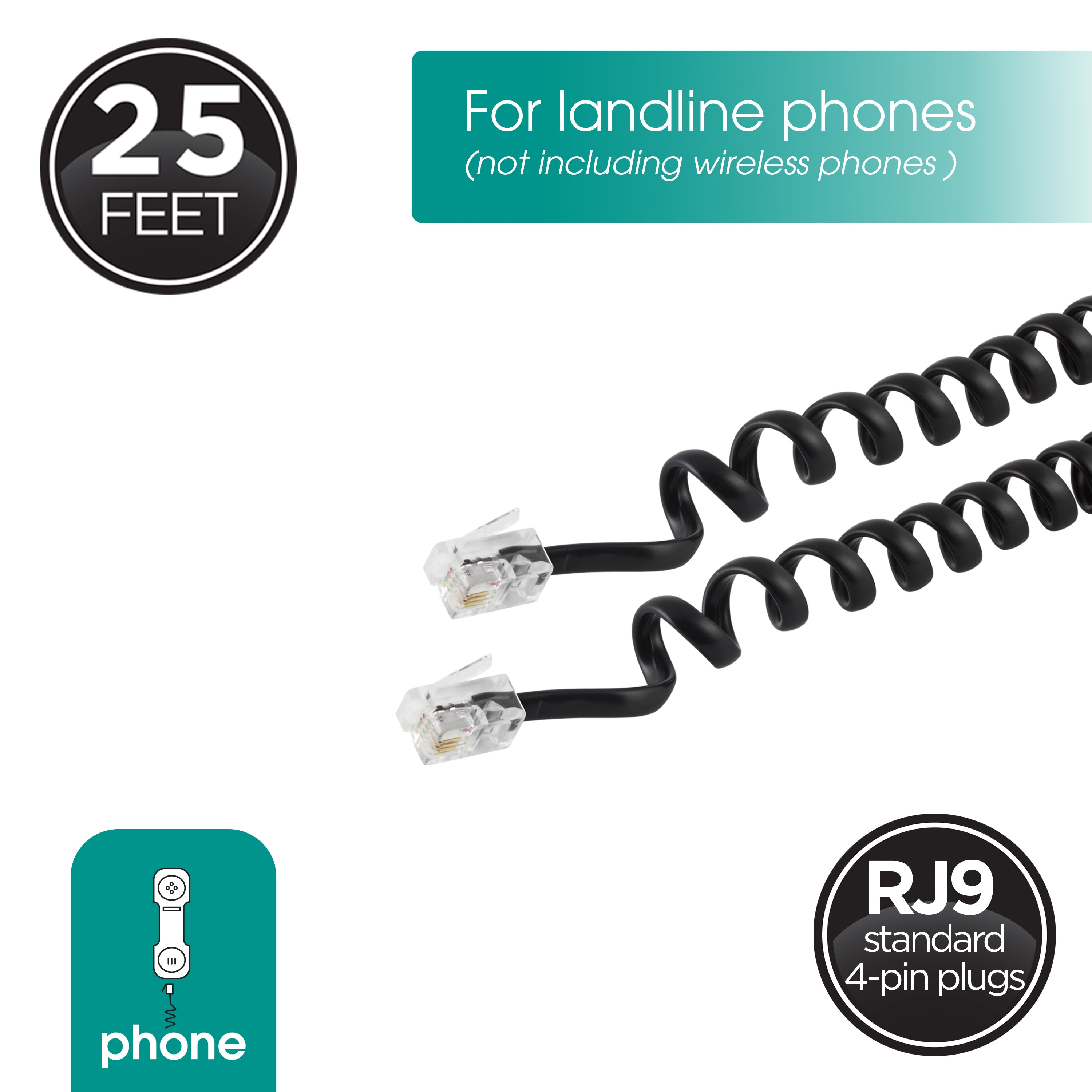 Power Gear Telephone Coiled Handset Cord, 25ft., Black