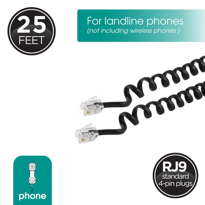 Power Gear Telephone Coiled Handset Cord, 25ft., Black