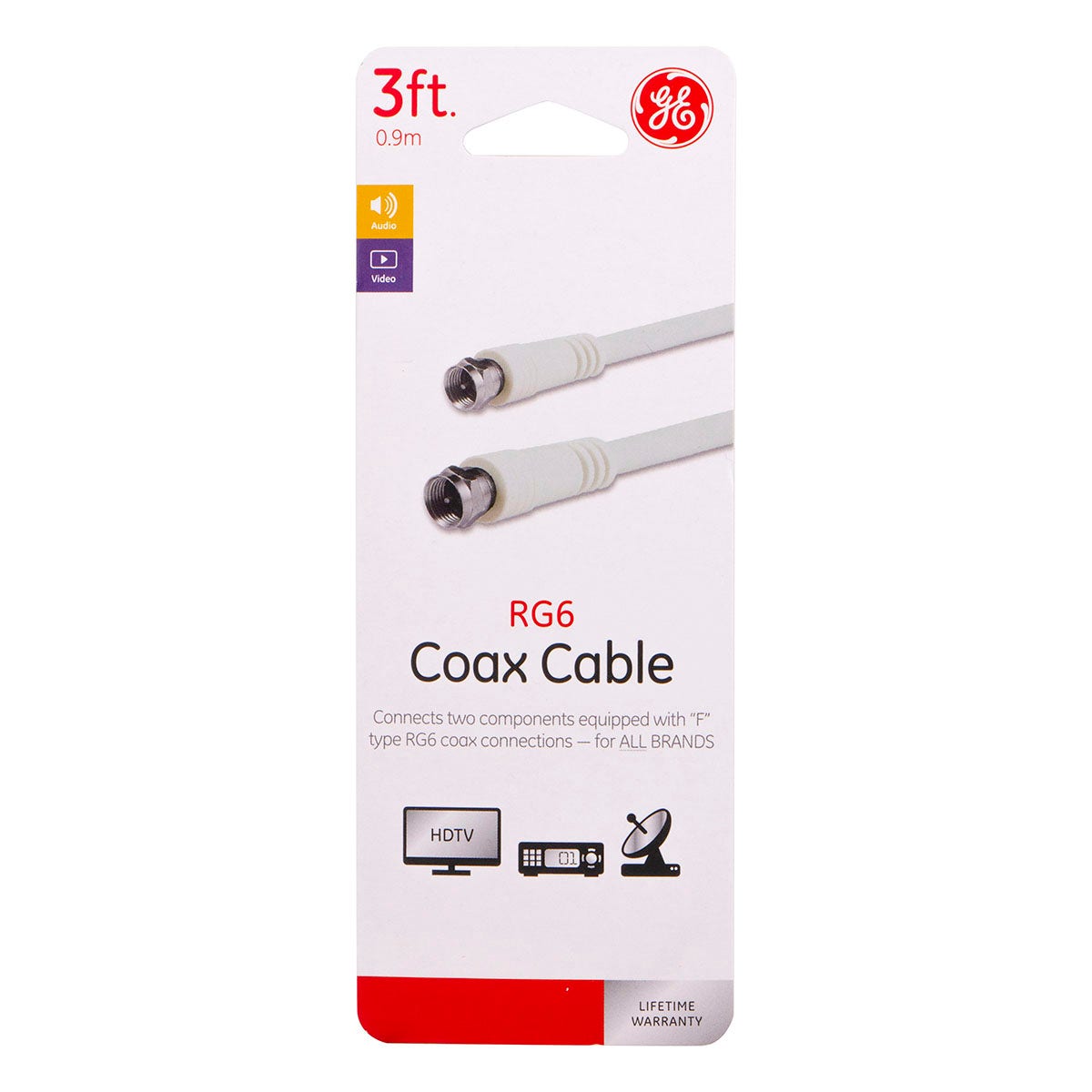 GE 3ft. RG6 Coaxial Cable with F-Type Connectors, White