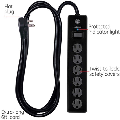 GE 6-Outlet 6ft. Surge Protector with Twist-to-Close Safety Outlets, 2 Pack, Black