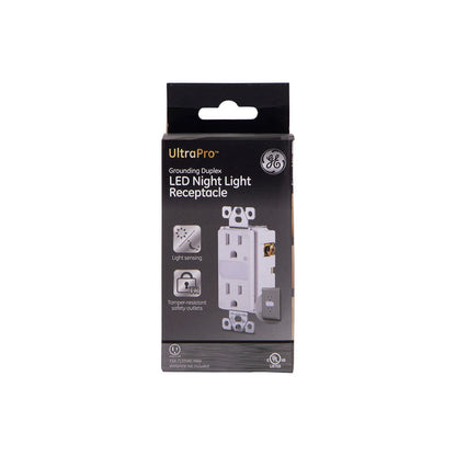 GE UltraPro Grounding Duplex Tamper Resistant Receptacle with Light Sensing Guide Light, White