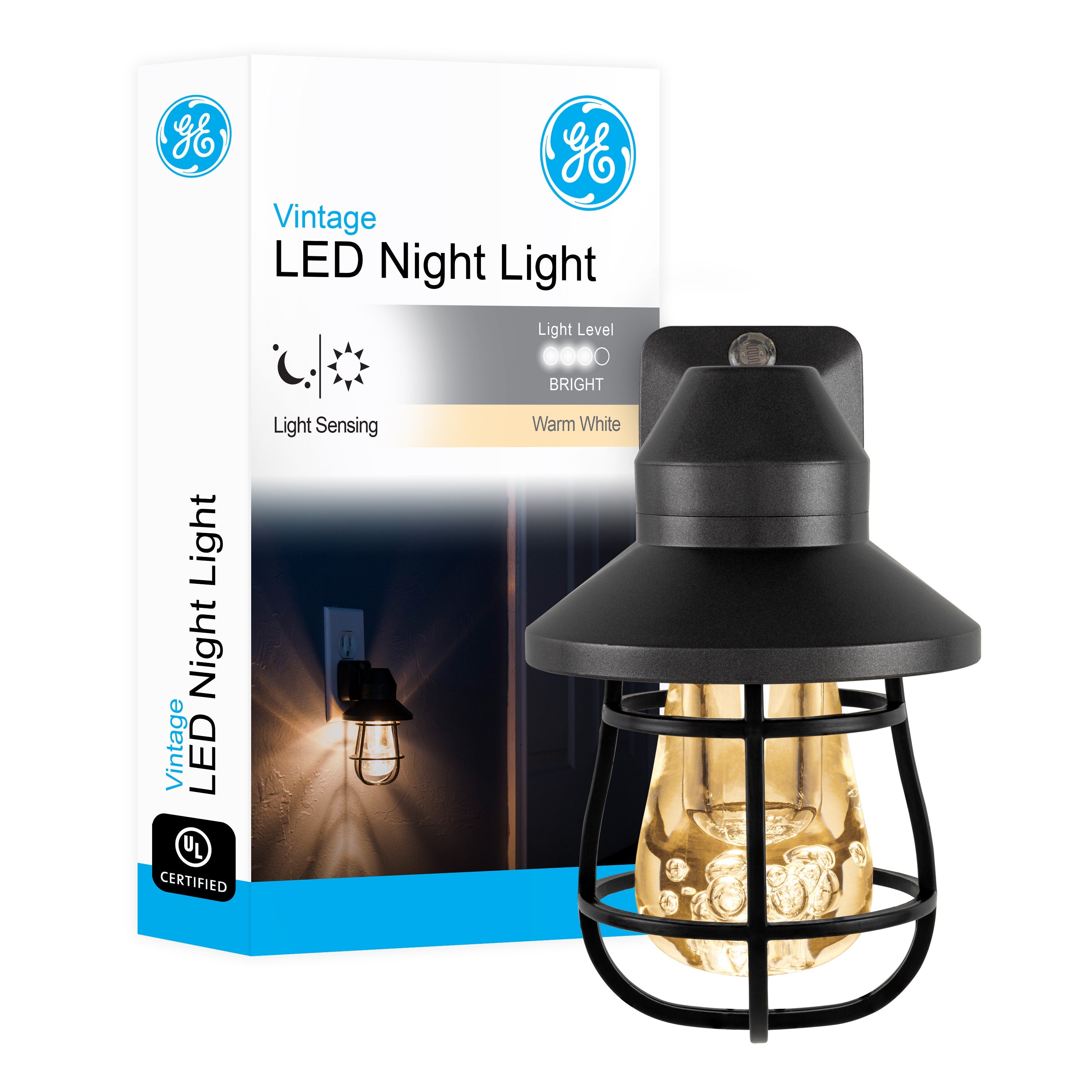 GE Vintage Cage Frame Light Sensing LED Night Light, Black
