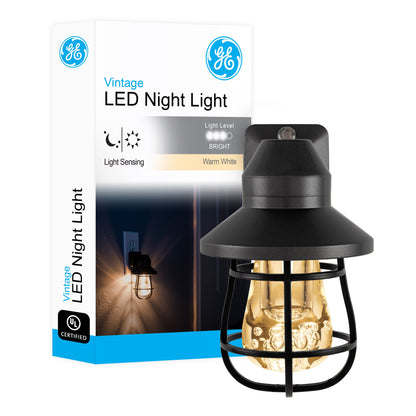 GE Vintage Cage Frame Light Sensing LED Night Light, Black