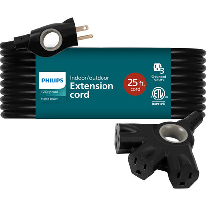 Philips EZGrip™ 3-Outlet 25ft Indoor/Outdoor Extension Cord, Black