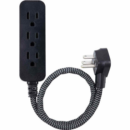 GE 3-Outlet 1ft. Mini Braided Extension Cord and Flat Plug, Black/Gray