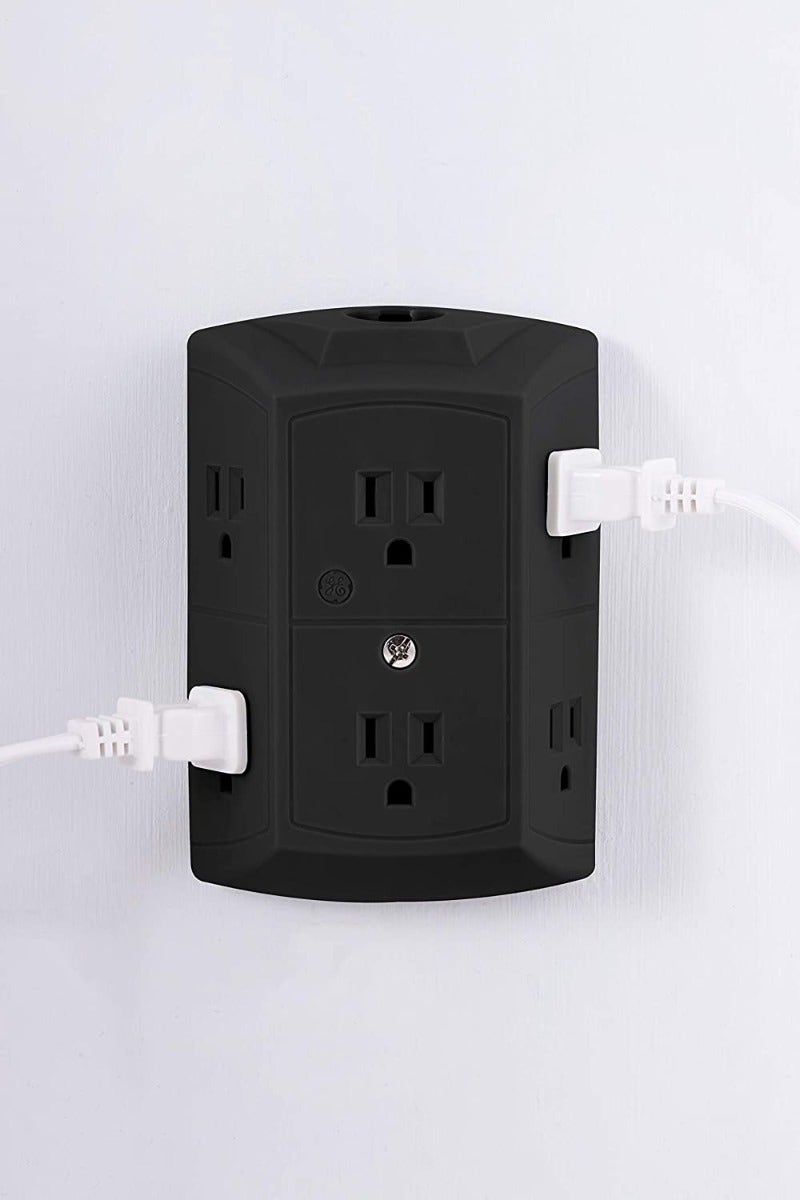 GE 6-Outlet Wall Tap with Resettable Circuit Breaker, 2 Pack, Black