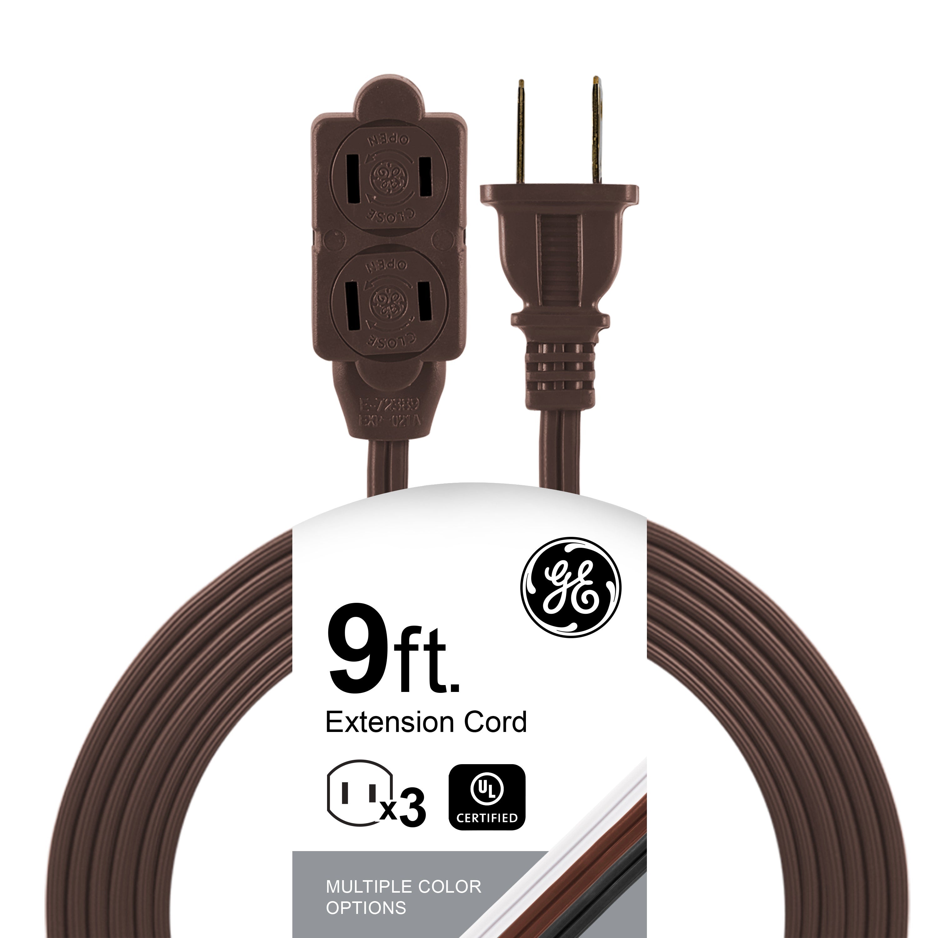 GE 3-Outlet 9ft. Extension Cord with Twist-to-Close Outlets, Brown