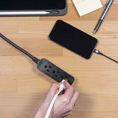 GE 3-Outlet 1ft. Mini Braided Extension Cord and Flat Plug, Black/Gray