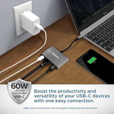 Philips USB-C 3-in-1 Multiport Hub With Power Pass-Through, Silver