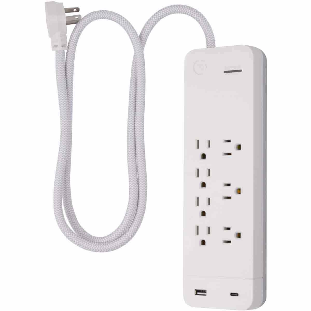 GE 7-Outlet 2-USB 4ft. Surge Protector with USB-C and Braided Cord, White