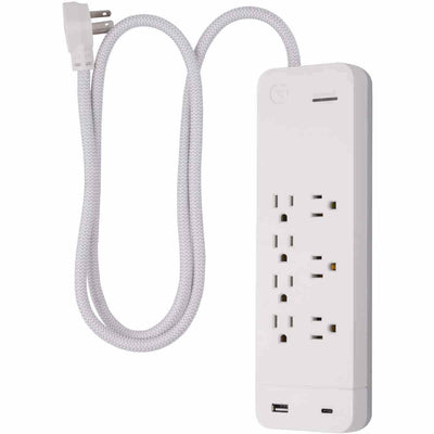 GE 7-Outlet 2-USB 4ft. Surge Protector with USB-C and Braided Cord, White